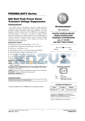 P6SMB8.2AT3 datasheet - 600 Watt Peak Power Zener Transient Voltage Suppressors