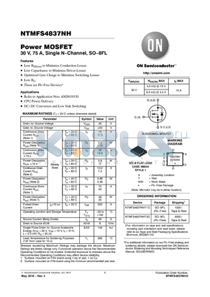 NTMFS4837NHT3G datasheet - Power MOSFET 30 V, 75 A, Single N−Channel, SO−8FL