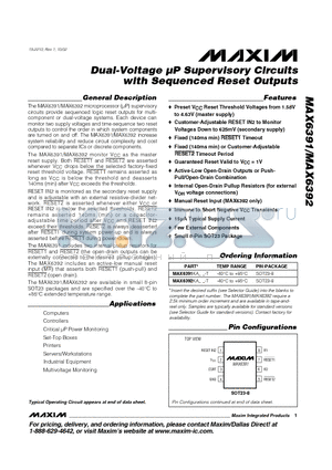 MAX6392KA23 datasheet - Dual-Voltage uP Supervisory Circuits with Sequenced Reset Outputs