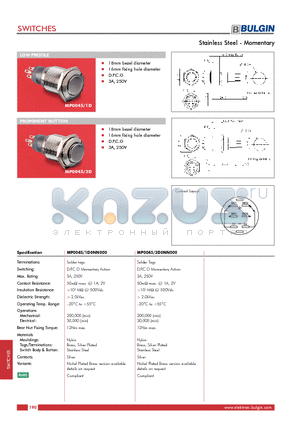 MP0045/3D0NN000 datasheet - Stainless Steel - Momentary