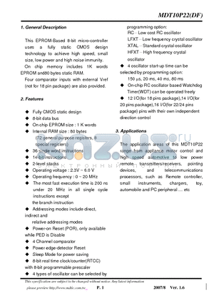 MDT10P22A2K datasheet - 8-bit micro-controller