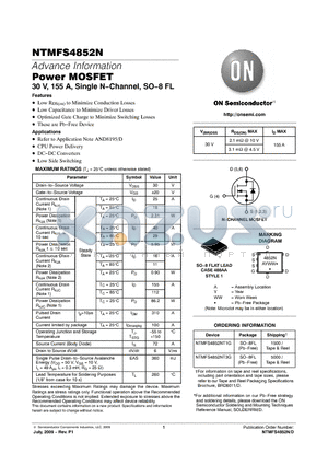 NTMFS4852NT1G datasheet - Power MOSFET 30 V, 155 A, Single N−Channel, SO−8 FL