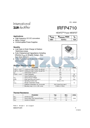 IRFP4710 datasheet - Power MOSFET(Vdss=100V, Rds(on)max=0.014ohm, Id=72A)