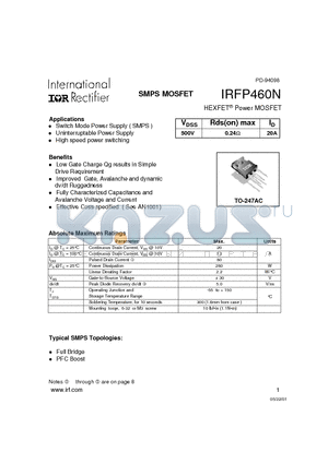 IRFP460N datasheet - Power MOSFET(Vdss=500V, Rds(on)max=0.24ohm, Id=20A)