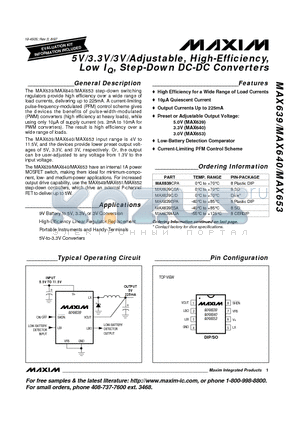 MAX639ESA datasheet - 5V/3.3V/3V/Adjustable, High-Efficiency, Low IQ, Step-Down DC-DC Converters