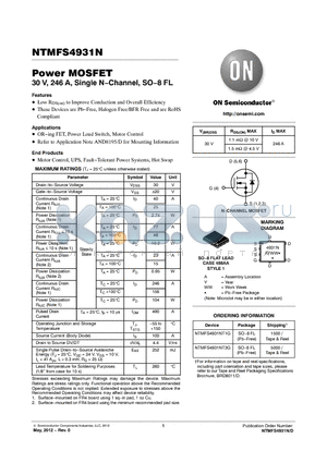 NTMFS4931NT1G datasheet - Power MOSFET 30 V, 246 A, Single N.Channel, SO.8 FL