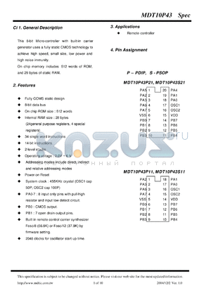 MDT10P43 datasheet - 8-bit Micro-controller