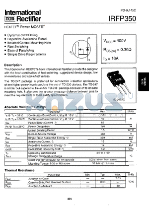 IRFP350 datasheet - Power MOSFET(Vdss=400V, Rds(on)=0.30ohm, Id=16A)