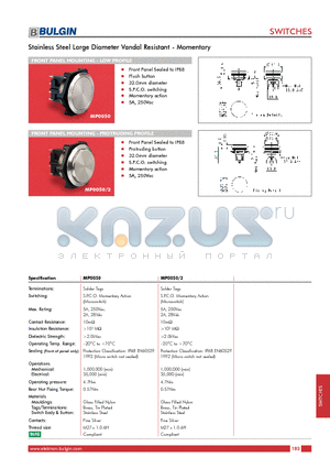 MP0050/2 datasheet - Stainless Steel Large Diameter Vandal Resistant - Momentary