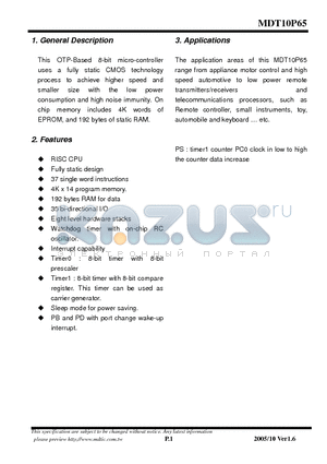 MDT10P65 datasheet - 8-bit micro-controller