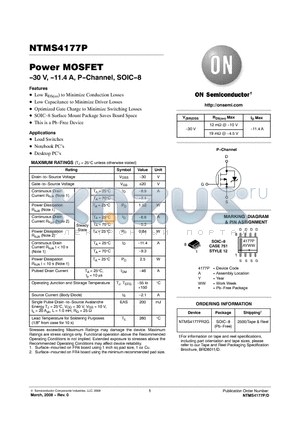 NTMS4177PR2G datasheet - Power MOSFET -30 V, -11.4 A, P-Channel, SOIC-8