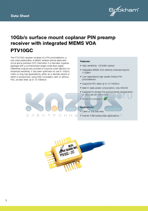 PTV10GC datasheet - 10Gb/s surface mount coplanar PIN preamp receiver with integrated MEMS VOA