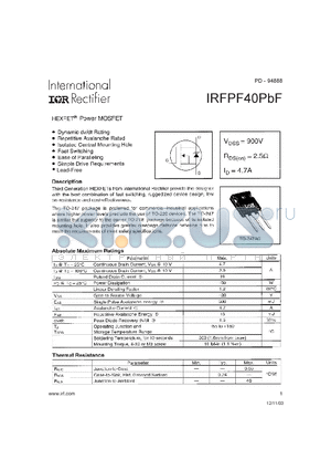 IRFPF40PBF datasheet - HEXFET Power MOSFET