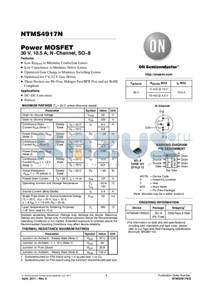 NTMS4917NR2G datasheet - Power MOSFET 30 V, 10.5 A, NChannel, SO8 Low RDS(on) to Minimize Conduction Losses