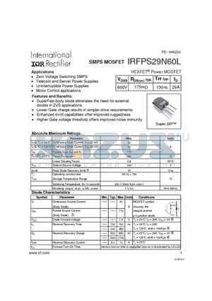 IRFPS29N60L datasheet - SMPS MOSFET