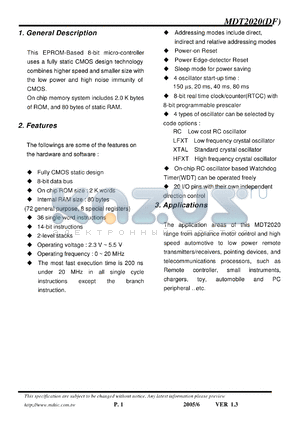 MDT2020 datasheet - 8-bit micro-controller