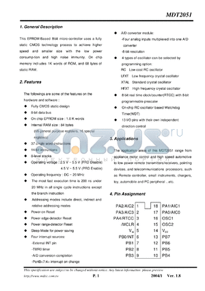 MDT2051 datasheet - 8-bit micro-controller uses a fully static CMOS design technology