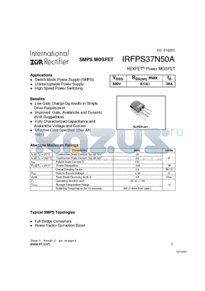 IRFPS37N50 datasheet - Power MOSFET(Vdss=500V, Rds(on)max=0.13ohm, Id=36A)
