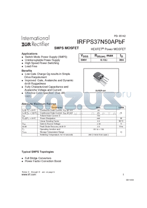 IRFPS37N50APBF datasheet - HEXFET Power MOSFET ( VDSS = 500V , RDS(on)max = 0.13Y , ID = 36A )