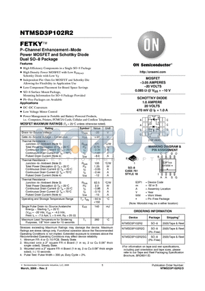 NTMSD3P102R2SG datasheet - P-Channel Enhancement-Mode Power MOSFET and Schottky Diode Dual Dual SO-8 Package