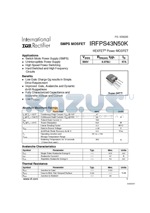 IRFPS43N50K datasheet - Power MOSFET(Vdss=500V, Rds(on)typ.=0.078ohm, Id=47A)