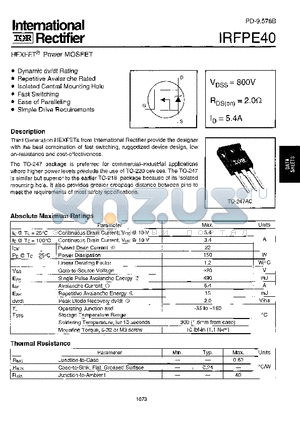 IRFPE40 datasheet - Power MOSFET(Vdss=800V, Rds(on)=2.0ohm, Id=5.4A)