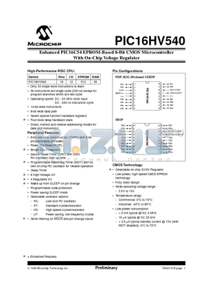 PIC16HV540-04I/SO datasheet - Enhanced PIC16C54 EPROM-Based 8-Bit CMOS Microcontroller With On-Chip Voltage Regulator