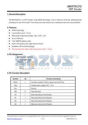 MDT75C272P datasheet - OTP Encoder using CMOS technology.