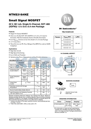 NTNS3164NZT5G datasheet - Small Signal MOSFET 20 V, 361 mA, Single N.Channel, SOT.883 (XDFN3) 1.0 x 0.6 x 0.4 mm Package