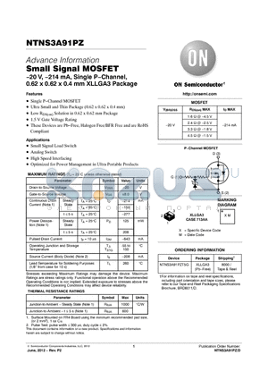 NTNS3A91PZ datasheet - Small Signal MOSFET .20 V, .214 mA, Single P.Channel, 0.62 x 0.62 x 0.4 mm XLLGA3 Package