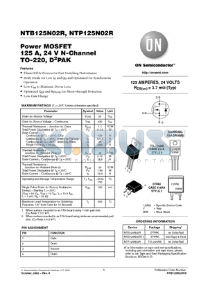 NTP125N02R datasheet - Power MOSFET 125 A, 24 V N-Channel TO-220, D2PAK