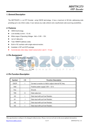 MDT75C273S datasheet - OTP Encoder using CMOS technology.