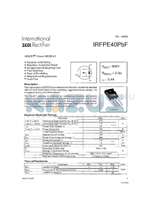 IRFPE40PBF datasheet - Power MOSFET