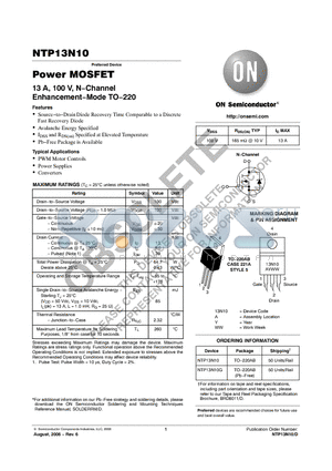 NTP13N10G datasheet - Power MOSFET 13 A, 100 V, N−Channel Enhancement−Mode TO−220