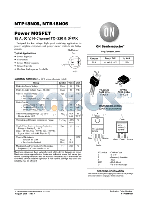 NTP18N06 datasheet - Power MOSFET 15 A, 60 V, N−Channel TO−220 & D2PAK