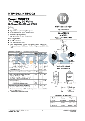 NTP4302 datasheet - Power MOSFET 74 Amps, 30 Volts