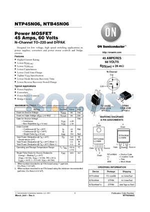 NTP45N06 datasheet - Power MOSFET 45 Amps, 60 Volts
