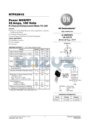 NTP52N10 datasheet - Power MOSFET 52 Amps, 100 Volts
