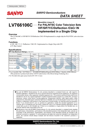 LV766106C datasheet - For PAL/NTSC Color Television Sets VIF/SIF/Y/C/Deflection /CbCr IN Implemented in a Single Chip