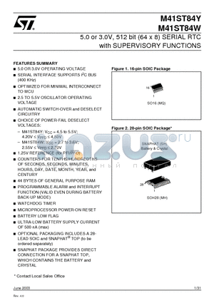 M41ST84YMH datasheet - 5.0 or 3.0V, 512 bit 64 x 8 SERIAL RTC with SUPERVISORY FUNCTIONS