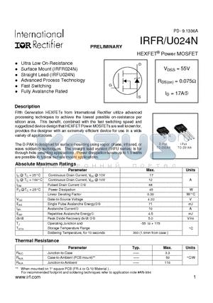 IRFR024N datasheet - Power MOSFET(Vdss=55V, Rds(on)=0.075ohm, Id=17A)