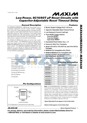 MAX6421XS46-T datasheet - Low-Power, SC70/SOT lP Reset Circuits with Capacitor-Adjustable Reset Timeout Delay