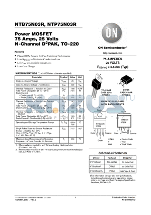 NTP75N03R datasheet - Power MOSFET 75 Amps, 25 Volts N-Channel D2PAK, TO-220