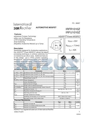 IRFR1010Z datasheet - AUTOMOTIVE MOSFET