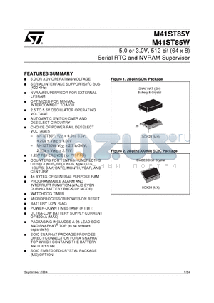 M41ST85WMX6 datasheet - 5.0 OR 3.0V, 512 bit 64 x 8 SERIAL RTC and NVRAM SUPERVISOR