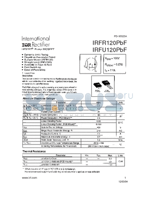IRFR120PBF datasheet - HEXFET POWER MOSFET ( VDSS = 100V , RDS(on) = 0.27Y , ID = 7.7A )