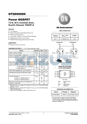 NTQD6968N datasheet - Power MOSFET 7.0 A, 20 V, Common Drain, Dual N−Channel, TSSOP−8