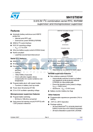 M41ST85WMH6TR datasheet - 3.0/3.3V I2C combination serial RTC, NVRAM supervisor and microprocessor supervisor