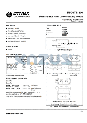 MP04TT1400 datasheet - Dual Thyristor Water Cooled Welding Module Preliminary Information