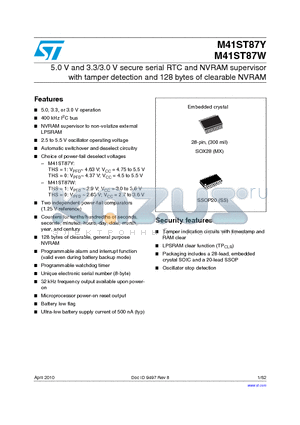 M41ST87W datasheet - 5.0 V and 3.3/3.0 V secure serial RTC and NVRAM supervisor with tamper detection and 128 bytes of clearable NVRAM